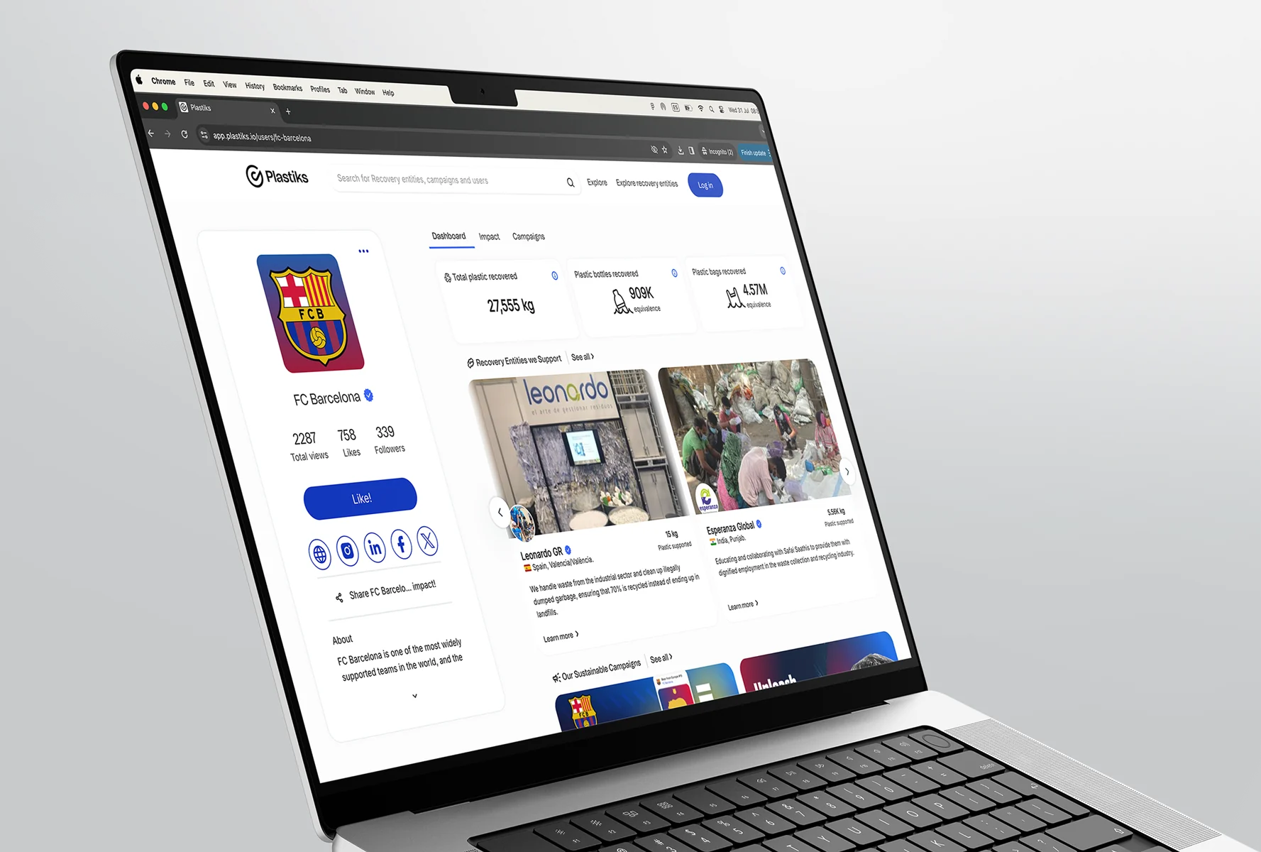 MacBook showing FC Barcelona's verified recovery dashboard on the Plastiks platform