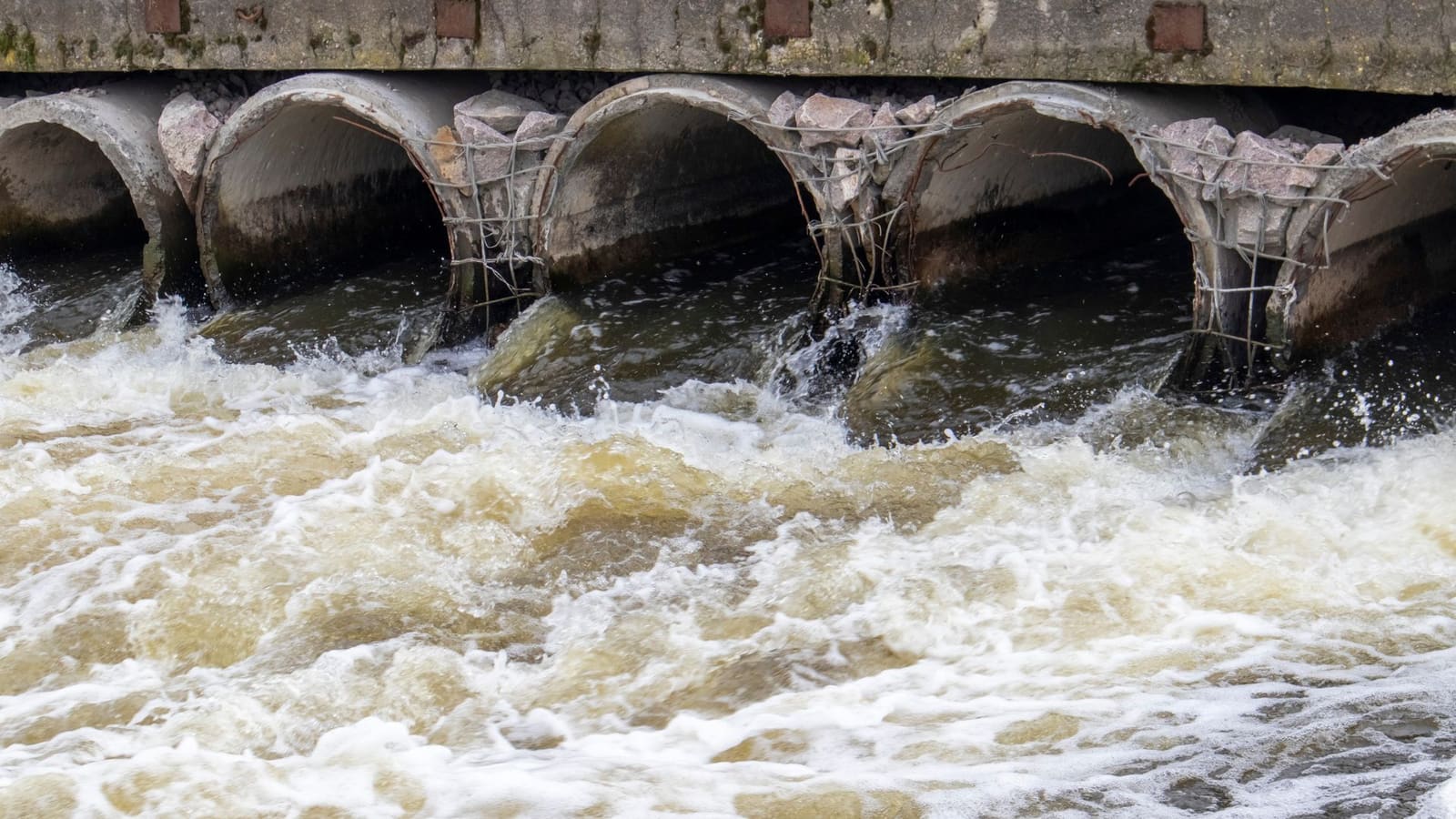 Big water pipes throwing water out in the environment that includes liquid waste