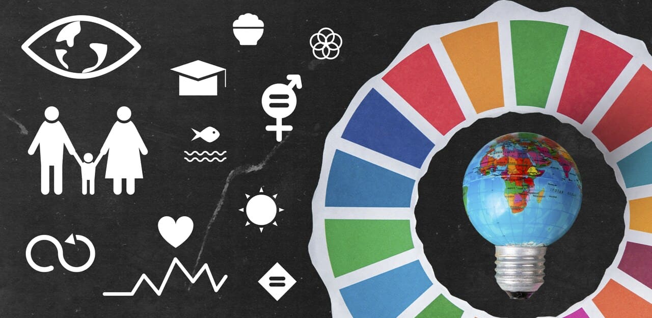 ESG sustainability concept with icons representing social, environmental, and governance goals alongside the UN Sustainable Development Goals wheel and a globe-shaped light bulb symbolizing global impact.