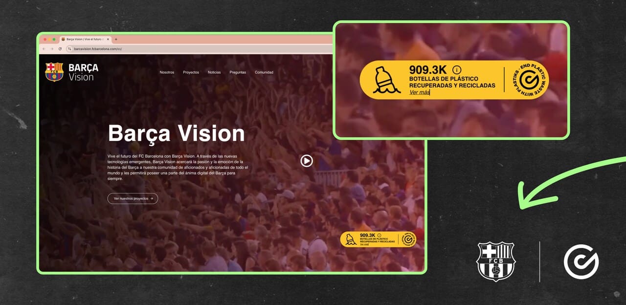 Visual de la plataforma Barça Vision con una métrica destacada que muestra más de 909.000 botellas de plástico recuperadas y recicladas, en colaboración con Plastiks.