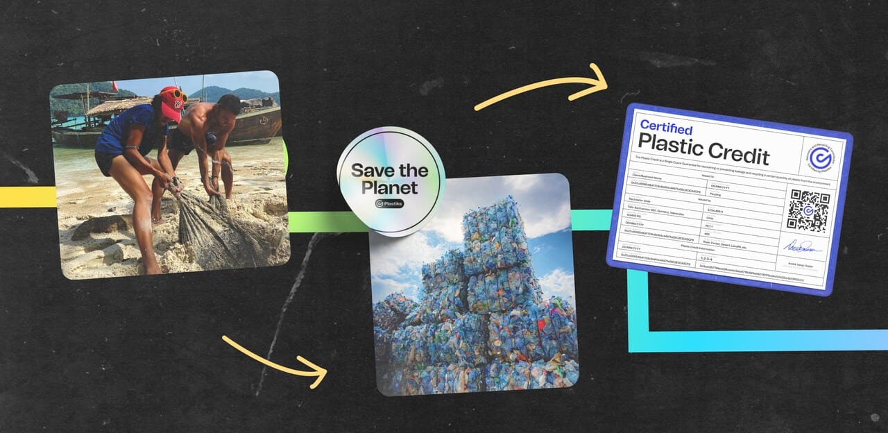 Plastik roadmap collage with three photos showing how we create a plastic credit from plastic recovery