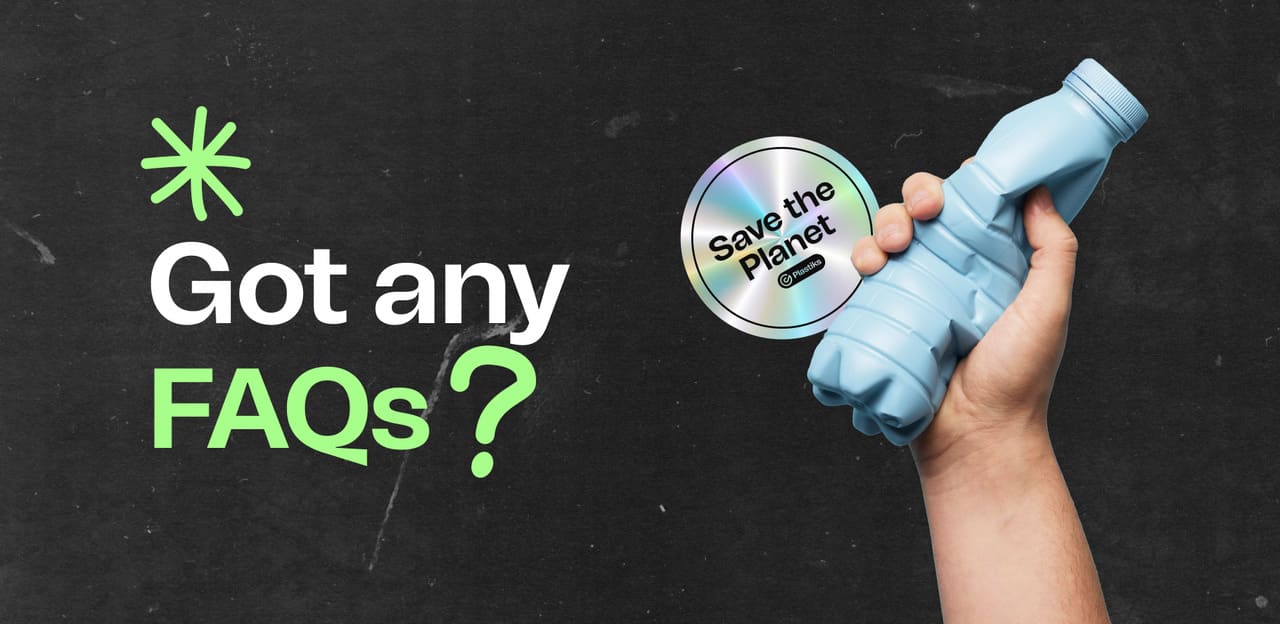 A hand holding a crushed plastic bottle with the text 'Got any FAQs?' alongside a holographic sticker reading 'Save the Planet,' emphasizing sustainability and eco-friendly practices.