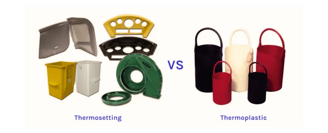 a picture showing two types of plastic next to each other, Thermosetting vs Thermoplastic