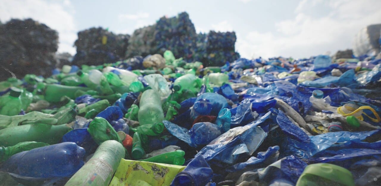 an picture of a landfill of PT bottles of plastic