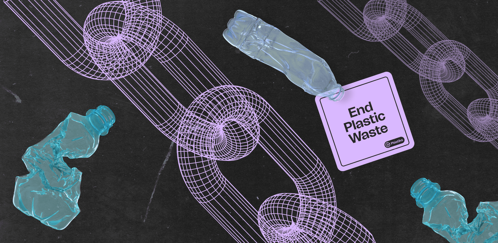 Block chain and plastic bottle visuals with a card that says End Plastic Waste with Plastik.io logo