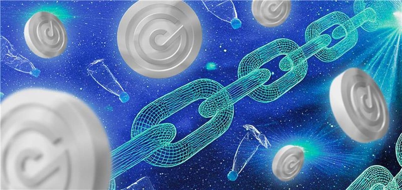 Illustration of Plastiks blockchain-powered solutions, featuring interconnected digital chains symbolizing traceability and sustainability in plastic recovery.
