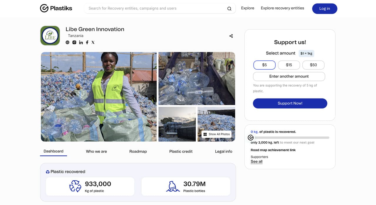 Liberatha Kajimba, founder of Libe Green Innovation, featured on the Plastiks app profile. The image highlights the organization’s plastic recovery efforts in Tanzania, showcasing collected plastic waste and impact metrics, including 933,000 kg of recovered plastic and over 30.79 million plastic bottles processed.