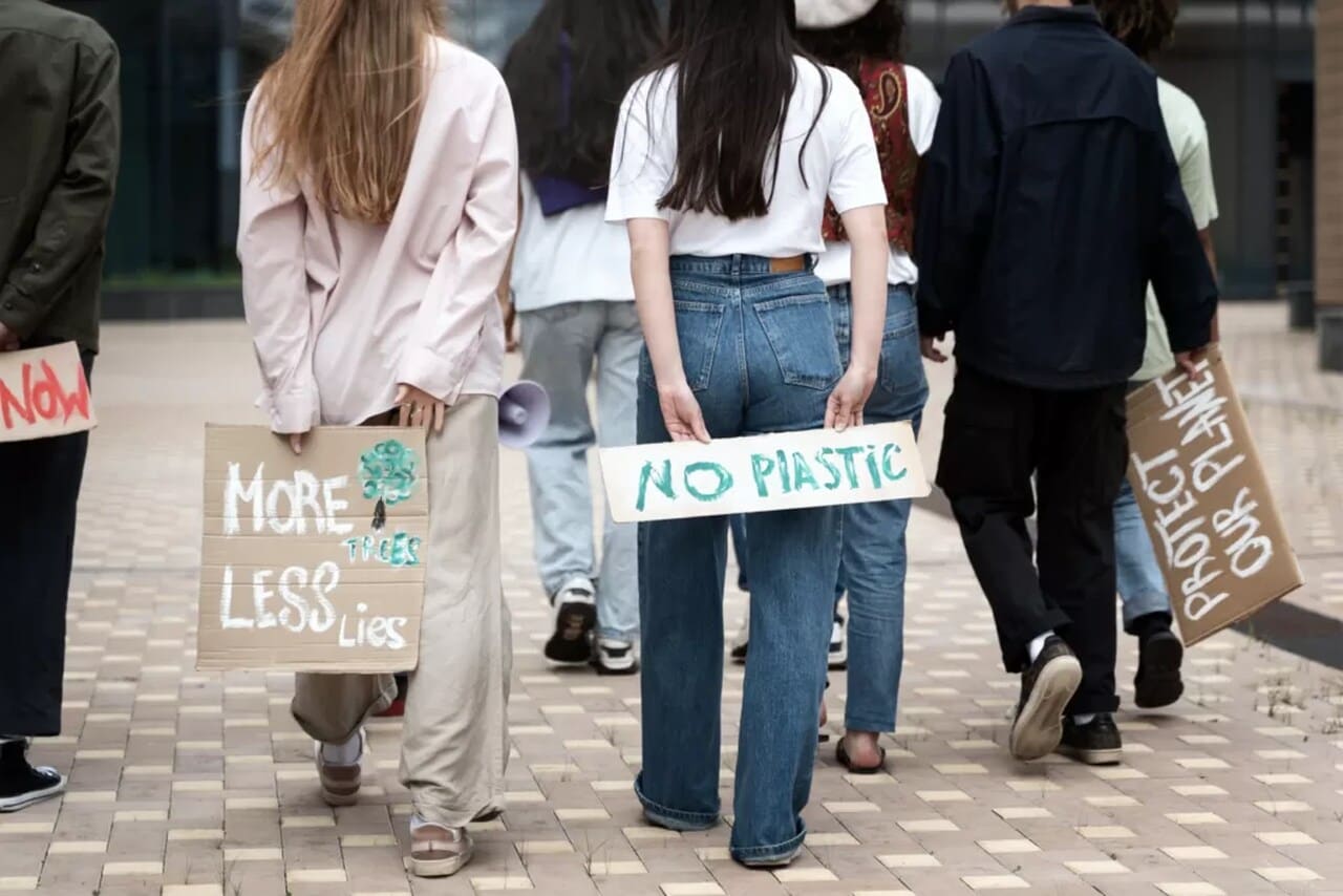 "Group of young environmental activists walking together during a climate protest, holding handmade signs with messages like 'More Trees Less Lies,' 'No Plastic,' and 'Protect Our Planet,' emphasizing their commitment to sustainability and environmental protection.